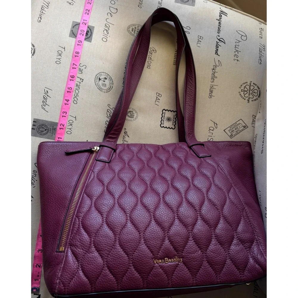 Vera Bradley Ella Tote Bag Aubergine Quilted Pebbled Leather Gold Hardware - Picture 6 of 11
